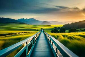 a wooden bridge leads to a green field. AI-Generated photo