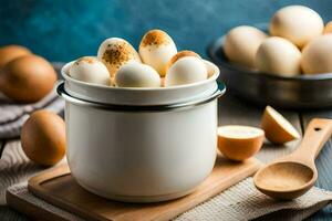 eggs in a white cup on a wooden table. AI-Generated photo