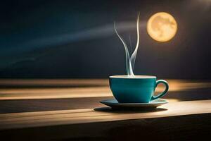 un taza de café en un mesa con un lleno Luna en el antecedentes. generado por ai foto