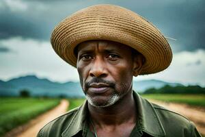 a man wearing a straw hat stands in a field. AI-Generated photo