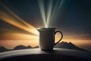 a coffee cup on a table with a sun shining. AI-Generated photo