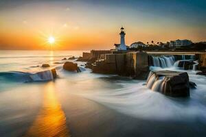 the sun sets over a lighthouse and waves crashing into the rocks. AI-Generated photo