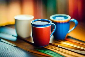 two coffee cups on a table with a colorful background. AI-Generated photo
