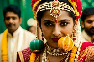 un hermosa novia en tradicional indio atuendo. generado por ai foto