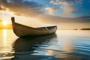 a boat floating in the water at sunset. AI-Generated photo