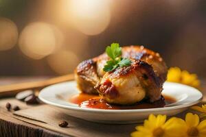 chicken breast with sauce and garnish on a plate. AI-Generated photo