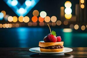 a dessert on a plate with a cityscape in the background. AI-Generated photo