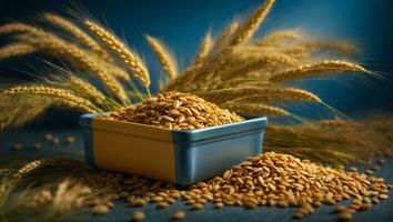 Ears of wheat on a blue background. Harvest concept. Ukrainian grain crisis. AI generative photo
