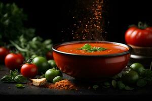Traditional tomato soup with basil in a bowl on dark background. Commercial promotional food photo. AI generative photo