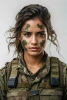 retrato de hermosa joven mujer en militar uniforme con camuflaje en rostro. militar concepto. mujer en ejército. ai generativo foto