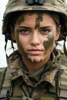 retrato de hermosa joven mujer en militar uniforme con camuflaje en rostro. militar concepto. mujer en ejército. ai generativo foto