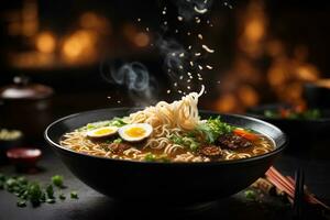 Japanese soup ramen in bowl on dark background. Commercial promotional food photo. AI generative photo