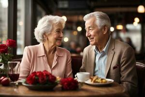 Happy senior couple sitting at restaurant or cafe and looking at each other. Romantic dinner on Valentine's day. AI generative photo