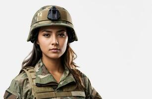 Portrait of a beautiful young female soldier on a white background. Place for your text. Military concept. Woman in army. AI generative photo