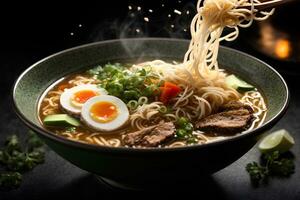 Japanese soup ramen in bowl on dark background. Commercial promotional food photo. AI generative photo