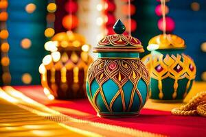 colorful vases on a table with lights. AI-Generated photo