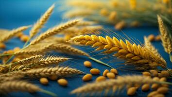 Ears of wheat on a blue background. Harvest concept. Ukrainian grain crisis. AI generative photo