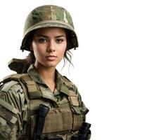 Portrait of a beautiful young female soldier on a white background. Place for your text. Military concept. Woman in army. AI generative photo