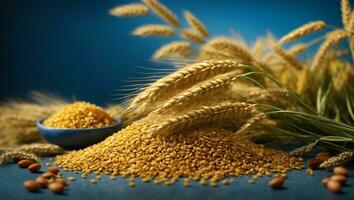 Ears of wheat on a blue background. Harvest concept. Ukrainian grain crisis. AI generative photo