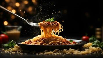 Hot spaghetti pasta on a fork with tomato sauce, parmesan and basil leaves in black plate on dark background.Italian dish. AI generative photo