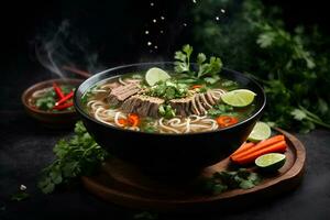 Pho Bo vietnamese soup with beef and rice noodles in bowl on dark background. Commercial promotional food photo. AI generative photo