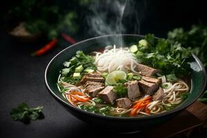 Pho Bo vietnamese soup with beef and rice noodles in bowl on dark background. Commercial promotional food photo. AI generative photo