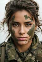 retrato de hermosa joven mujer en militar uniforme con camuflaje en rostro. militar concepto. mujer en ejército. ai generativo foto