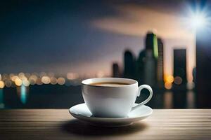 a cup of coffee on a wooden table in front of a cityscape. AI-Generated photo