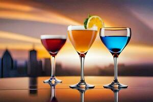 three glasses of different colored drinks on a table. AI-Generated photo