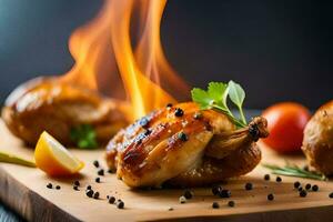 grilled chicken on a wooden cutting board with fire. AI-Generated photo