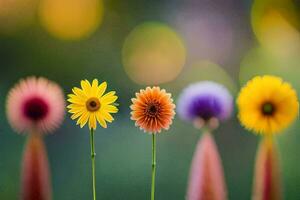 colorful flowers in a row against a blurred background. AI-Generated photo