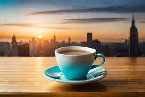 a cup of coffee with a view of the city. AI-Generated photo