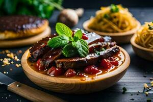 grilled meat and vegetables in a wooden bowl. AI-Generated photo
