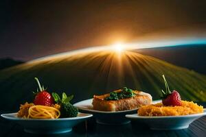 Tres platos con comida en un mesa con un puesta de sol en el antecedentes. generado por ai foto