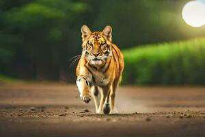 a tiger running across a dirt road. AI-Generated photo