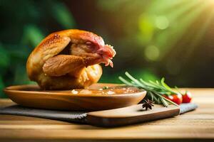 a chicken is sitting on a wooden plate with a green background. AI-Generated photo