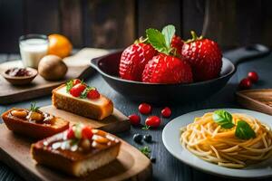 un mesa con fresas, un pan y otro alimentos generado por ai foto