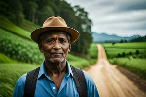 an older man standing on a dirt road. AI-Generated photo