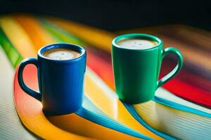 two coffee cups on a colorful background. AI-Generated photo