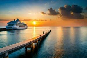 el crucero Embarcacion es atracado a el muelle a puesta de sol. generado por ai foto