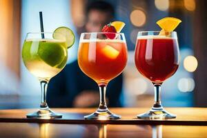 three different types of alcoholic drinks on a bar. AI-Generated photo