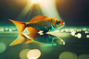 un pescado es reflejado en el agua con un ligero detrás él. generado por ai foto