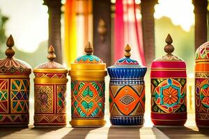 colorful decorative pots on a wooden table. AI-Generated photo