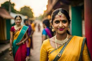 a woman in a sari is walking down the street. AI-Generated photo