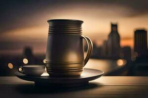 a coffee cup and a coffee pot on a table in front of a city skyline. AI-Generated photo