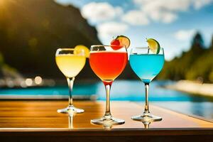three glasses of colorful drinks on a table. AI-Generated photo