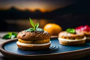 two sandwiches on a plate with a mountain in the background. AI-Generated photo