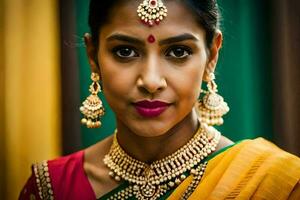 un hermosa indio mujer vistiendo joyería y un rojo sari. generado por ai foto