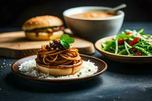 a plate with spaghetti and a burger on it. AI-Generated photo