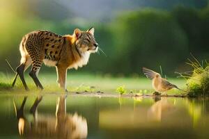 un leopardo y un pájaro en pie siguiente a cada otro. generado por ai foto